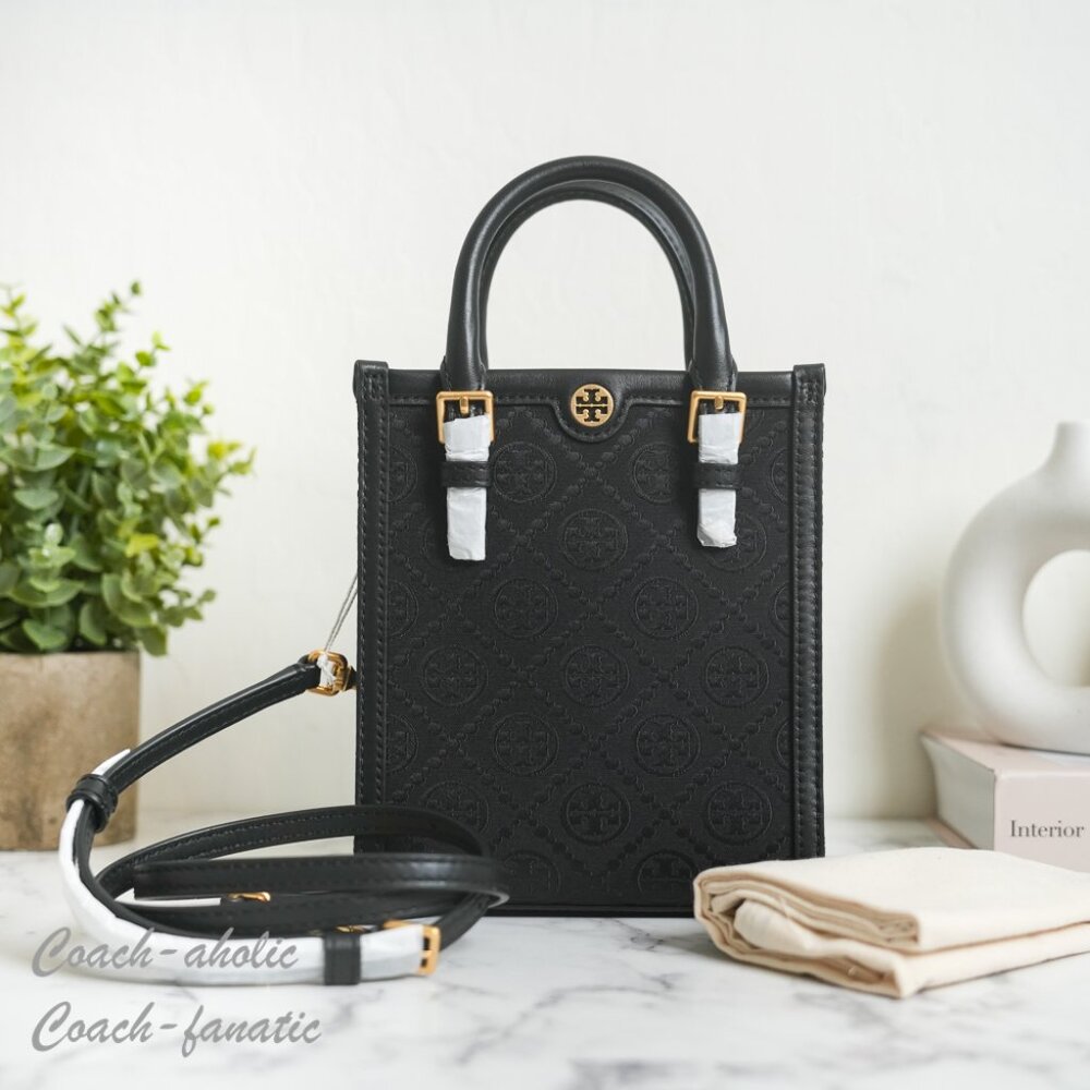 NWT Tory Burch Mini T Monogram North/South Crossbody Tote in Black